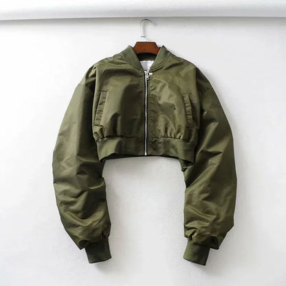 High Waisted Cropped Flight Jacket Women Spring Autumn Long Sleeved Folds Zipper Outerwear Casual Loose-fit Bomber Jackets Coat