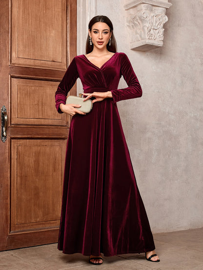 2024 Maxi Dress Lady Solid A-Line Cocktail Prom Long Luxury Elegant Wine Red Soft Velvet Evening Party Wedding Dresses for Women