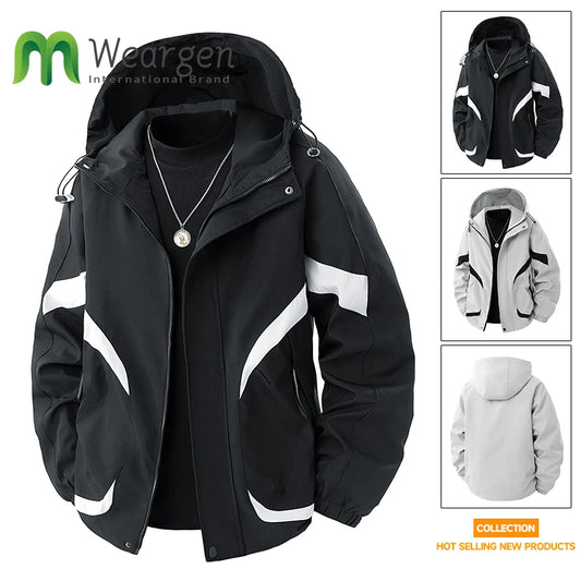 Men's Waterproof Hooded Jacket Loose Workwear Trendy Brand Mountain Outdoor Casual Color-Block Design 8936
