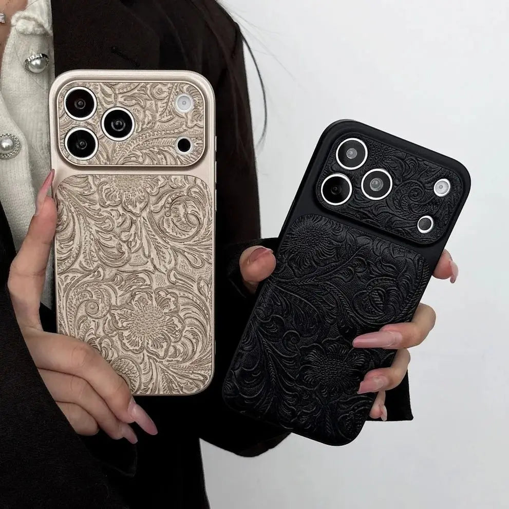 Luxury Retro Petal Flower Large Window Phone Case For iPhone 17 16 15 14 13 Pro Max Fashion 3D Wrinkle Texture Shockproof Cover