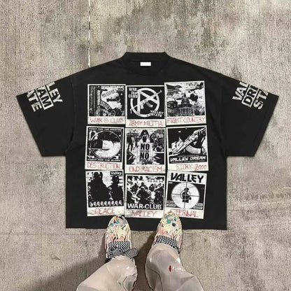 American Hip Hop Retro Theater Valley Division Harajuku Gothic War Print Summer New Retro Fashion Men and Women Streetwear