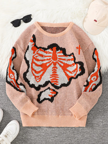 New Popular Spring and Autumn Bone-Shaped Butterfly Jacquard Pattern Pullover Sweater Casual Round Neck Contrast Color Knitted m