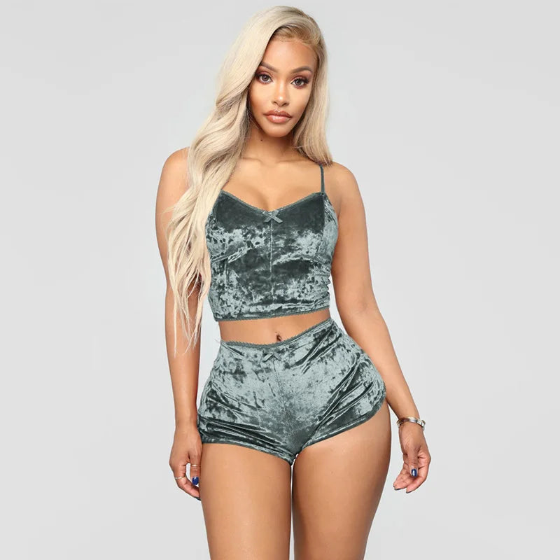 Sexy Velvet Pajamas V-Neck Lingerie Two Sets Women Suspenders Short Pants Loungewear