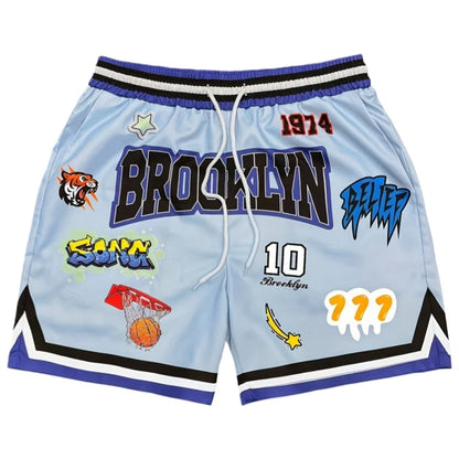 Brooklyn  Basketball  Shorts, Graffiti Patches Retro Beige Casual Streetwear Athletic Bottoms Men's casual quick-drying shorts