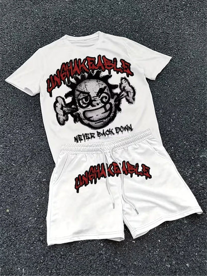 Spring And Summer American Trend 3D Printed Skull Men's Round-neck Top And Shorts, Hip-hop Style Trendy And Cool 2pcs Set