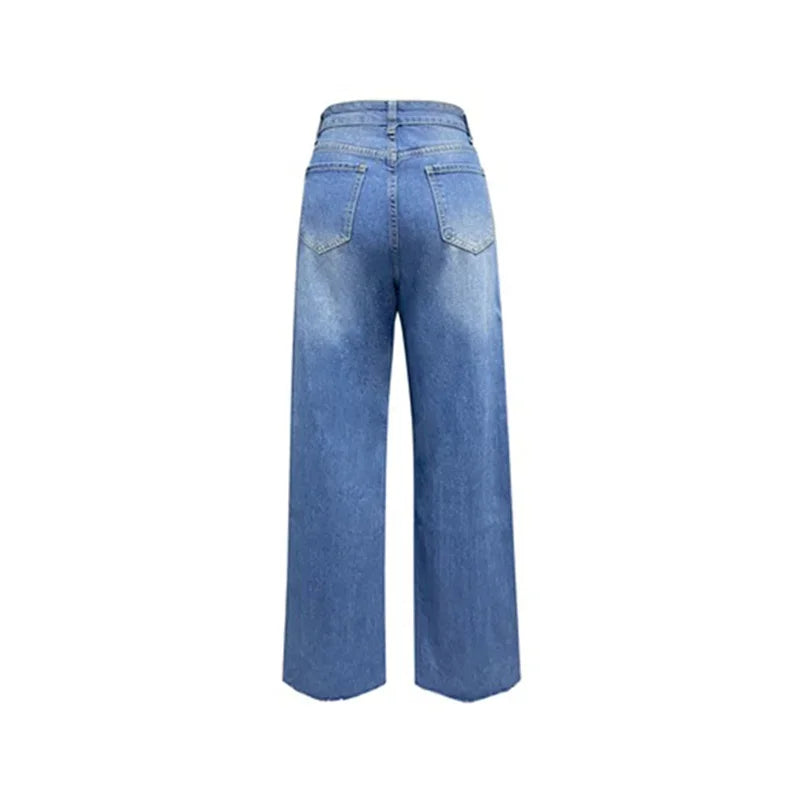 Women Knee Broken Holes Trend Straight Jeans Fashion Comfortable Casual High Waist Denim Pants Female Loose Wide Leg Trousers 24