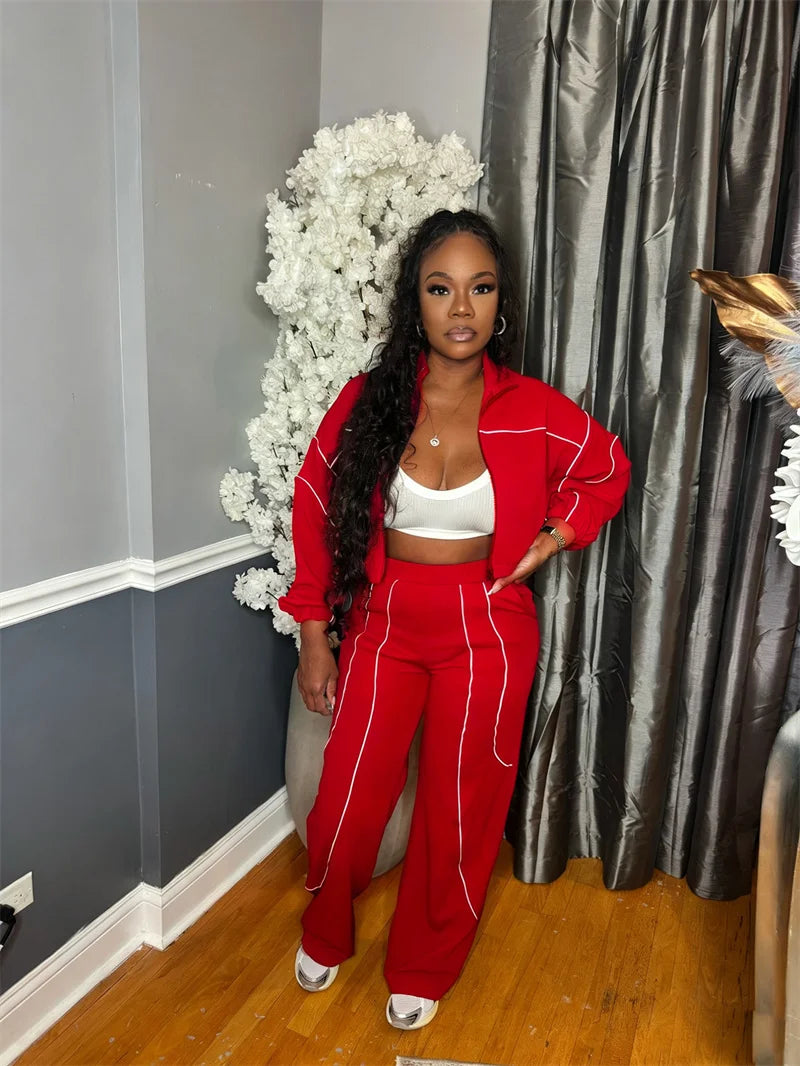 Doyerl Striped Casual Tracksuit Woman Two Piece Set Sports Workout Zipper Long Sleeve Jacket Coat and Sweatpants Matching Sets