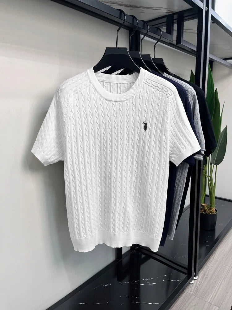 Advanced Ice Silk Knitted Short Sleeve Men Summer Trendy Luxury Brand Golf Pony Embroidery Casual Round Neck Breathable T-shirt