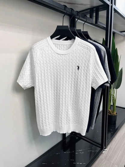 Advanced Ice Silk Knitted Short Sleeve Men Summer Trendy Luxury Brand Golf Pony Embroidery Casual Round Neck Breathable T-shirt