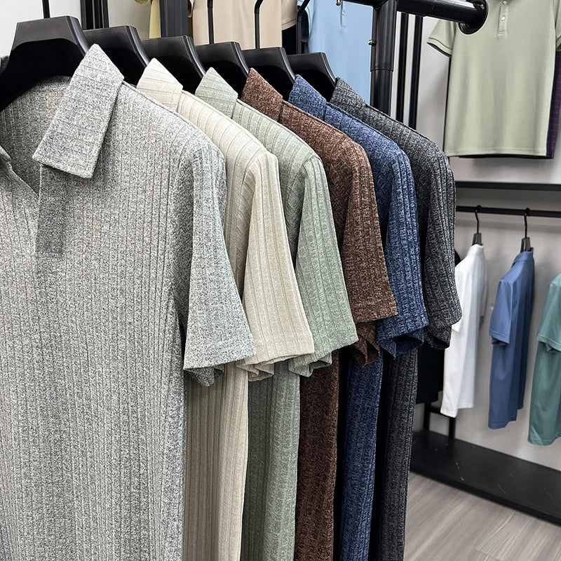 Men's Breathable Knitted Polo Tee Short Sleeve V Neck Striped Fabric Lightweight Casual Business Daily Wear