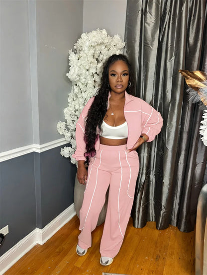 Doyerl Striped Casual Tracksuit Woman Two Piece Set Sports Workout Zipper Long Sleeve Jacket Coat and Sweatpants Matching Sets
