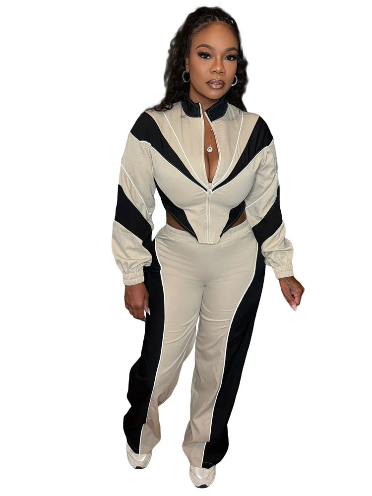 Fashion Women Windbreaker Set Color Block Long Sleeve Zipper Tops and Sweatpants 2025 Fall 2 Piece Sets Streetwear Outfits New