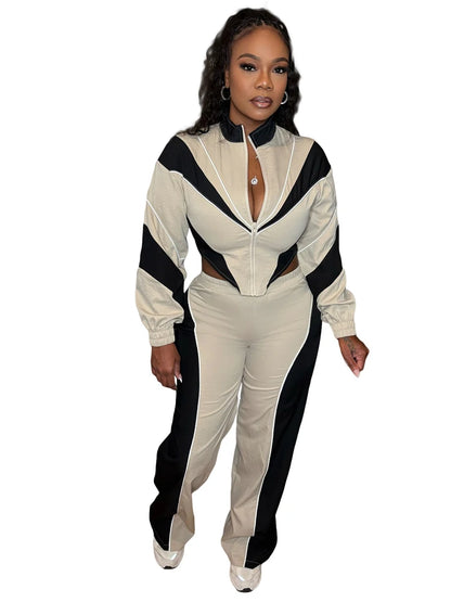 Fashion Women Windbreaker Set Color Block Long Sleeve Zipper Tops and Sweatpants 2025 Fall 2 Piece Sets Streetwear Outfits New