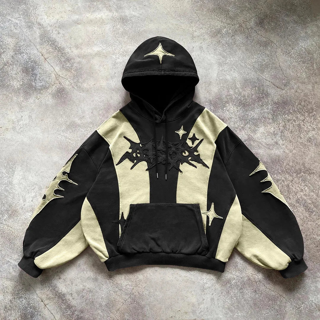 American Harajuku Fashion Color Matching Creative Pattern Patchwork Pullover 2000s Street Rock Vitality Long Sleeve Loose Hoodie