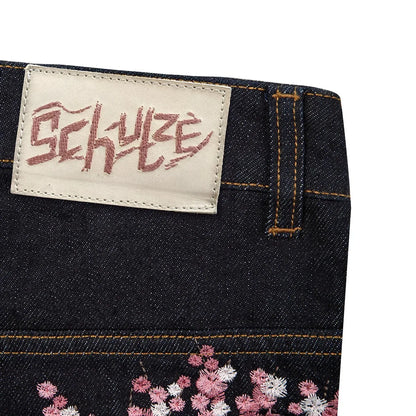 Vintage Cherry Blossom Black Knight Embroidery Jeans Y2k Retro Baggy Straight Denim Pants Blue Wash Jean Men Clothing Streetwear