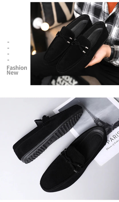 2026 Summer Casual Fashion Driving Loafers Suede Leather Minimalist Slip-Ons Comfortable Trendy Work Shoes Black & Khaki Two-Ton