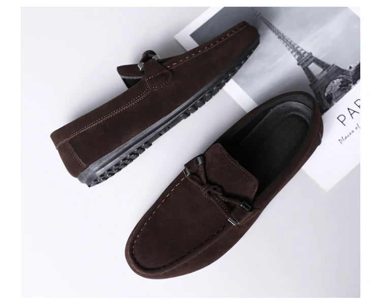 2026 Summer Casual Fashion Driving Loafers Suede Leather Minimalist Slip-Ons Comfortable Trendy Work Shoes Black & Khaki Two-Ton