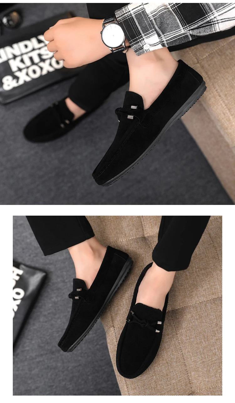 2026 Summer Casual Fashion Driving Loafers Suede Leather Minimalist Slip-Ons Comfortable Trendy Work Shoes Black & Khaki Two-Ton