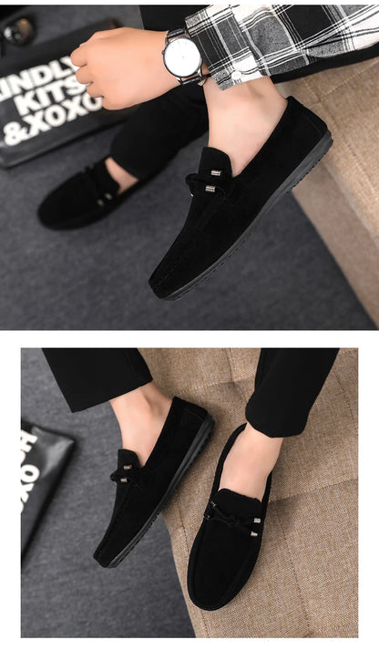 2026 Summer Casual Fashion Driving Loafers Suede Leather Minimalist Slip-Ons Comfortable Trendy Work Shoes Black & Khaki Two-Ton