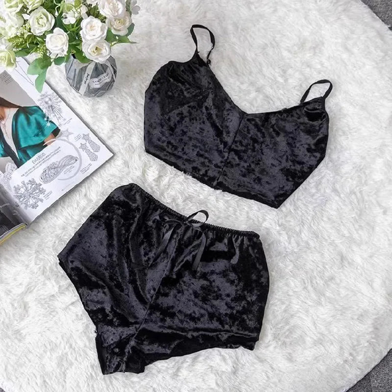 Sexy Velvet Pajamas V-Neck Lingerie Two Sets Women Suspenders Short Pants Loungewear