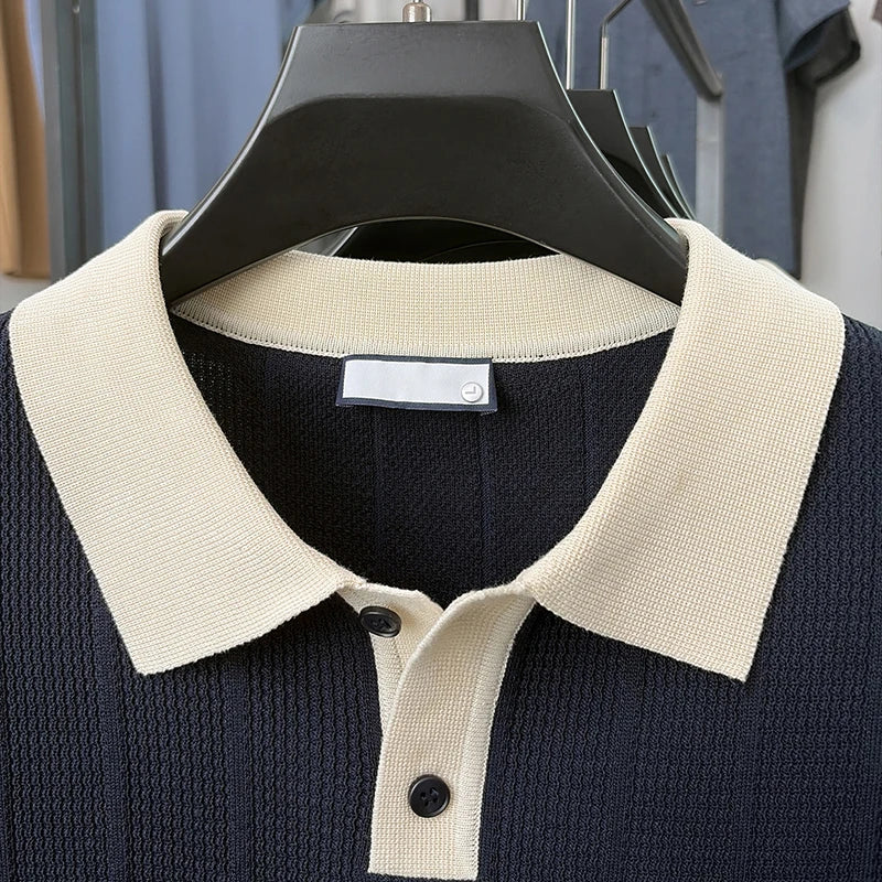Summer Lightweight Men's Polo Shirt, Middle-aged Jacquard Color-block Breathable Wrinkle-free Casual Knitted Top