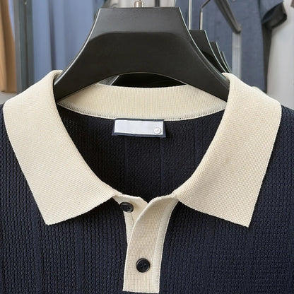 Summer Lightweight Men's Polo Shirt, Middle-aged Jacquard Color-block Breathable Wrinkle-free Casual Knitted Top