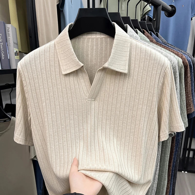 Men's Breathable Knitted Polo Tee Short Sleeve V Neck Striped Fabric Lightweight Casual Business Daily Wear