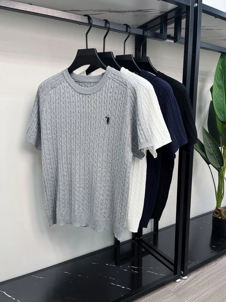 Advanced Ice Silk Knitted Short Sleeve Men Summer Trendy Luxury Brand Golf Pony Embroidery Casual Round Neck Breathable T-shirt