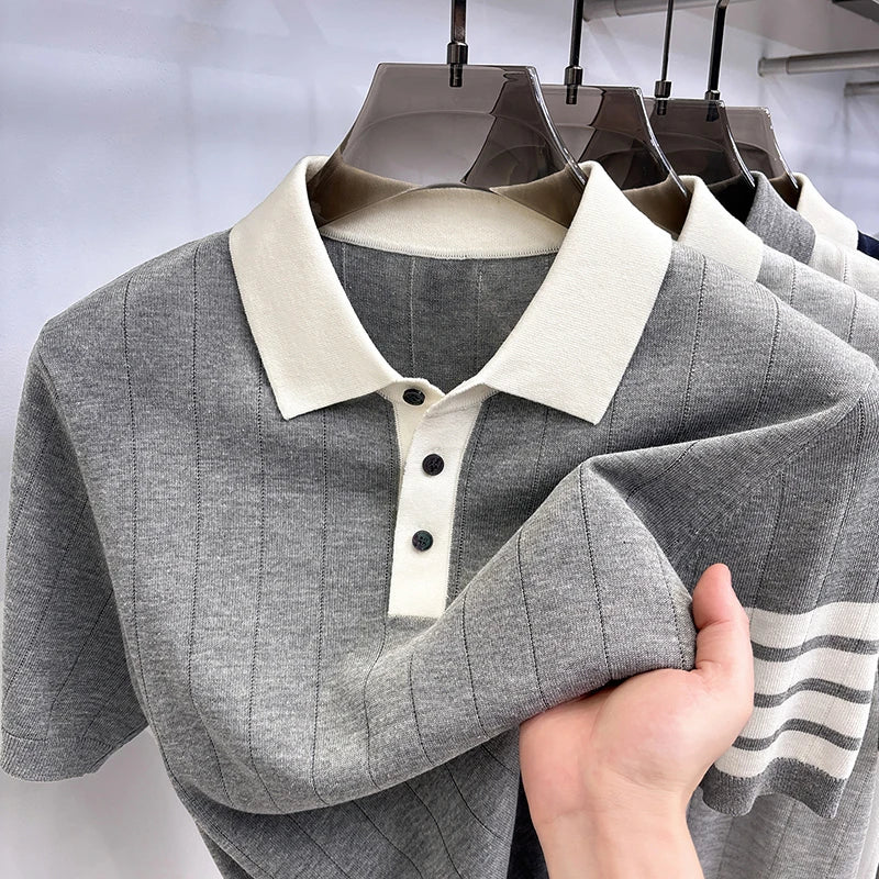 High End Light Luxury Color Blocked Knitted Summer Men's Short Sleeved Polo Shirt, Thin Grain Design, Casual T-shirt