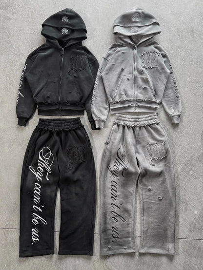 Y2K American Punk Loose Hooded Sweatshirt Suit American Embroidered Patch Double Layer Hooded High Street Retro Pink Sports Suit