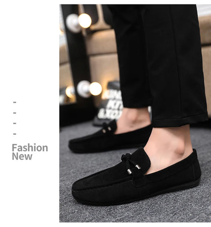 2026 Summer Casual Fashion Driving Loafers Suede Leather Minimalist Slip-Ons Comfortable Trendy Work Shoes Black & Khaki Two-Ton
