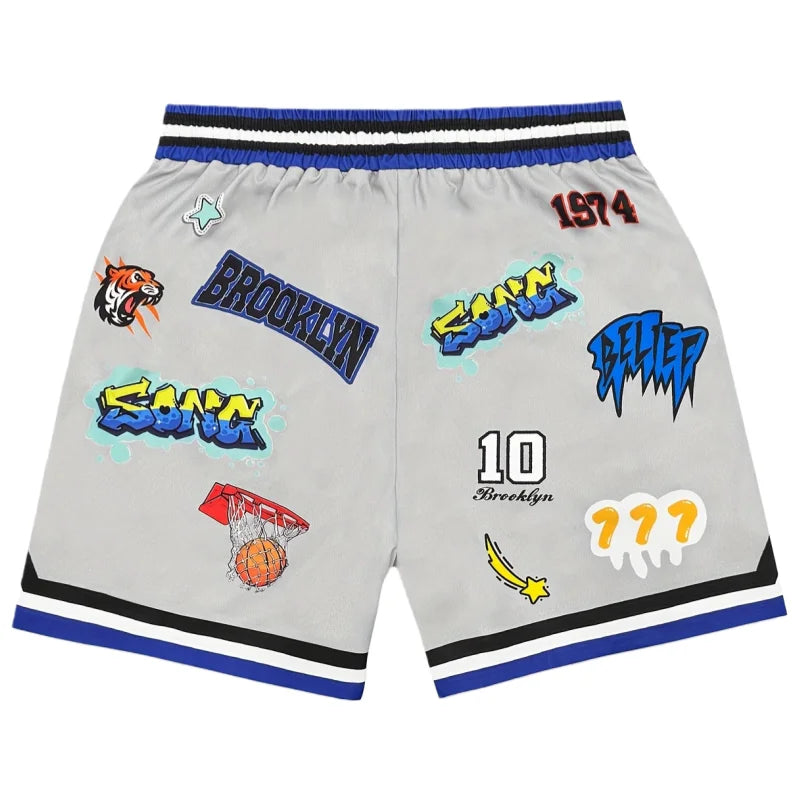 Brooklyn  Basketball  Shorts, Graffiti Patches Retro Beige Casual Streetwear Athletic Bottoms Men's casual quick-drying shorts