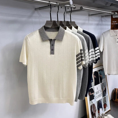 High End Light Luxury Color Blocked Knitted Summer Men's Short Sleeved Polo Shirt, Thin Grain Design, Casual T-shirt