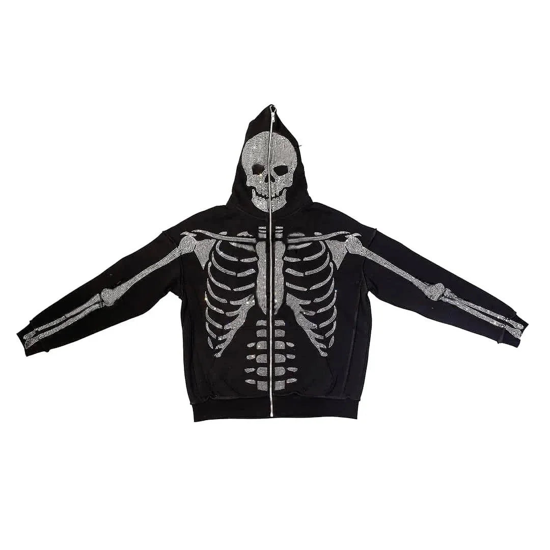 Skeleton Pattern Rhinestone Zipper Hoodies Men Women Hip Hop Street Hoodie Retro Punk Gothic Autumn Oversize Sweatshirt Jacket