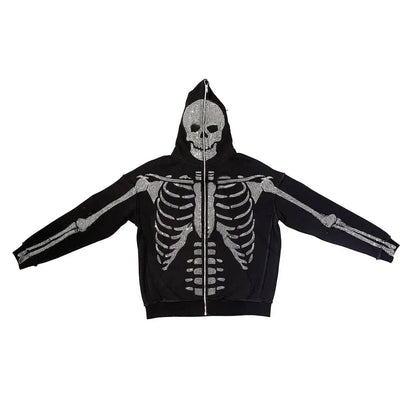 Skeleton Pattern Rhinestone Zipper Hoodies Men Women Hip Hop Street Hoodie Retro Punk Gothic Autumn Oversize Sweatshirt Jacket
