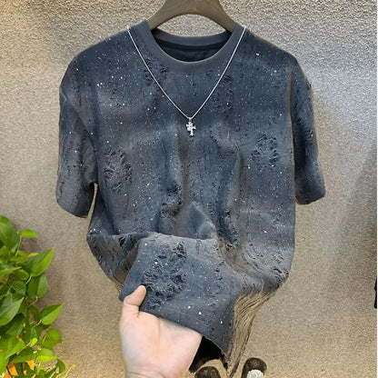 Men's Clothing Solid Color Summer Bestseller Luxury High-End Short Sleeve Trendy Korean Style Sequin Gradient Ripped Round Neck
