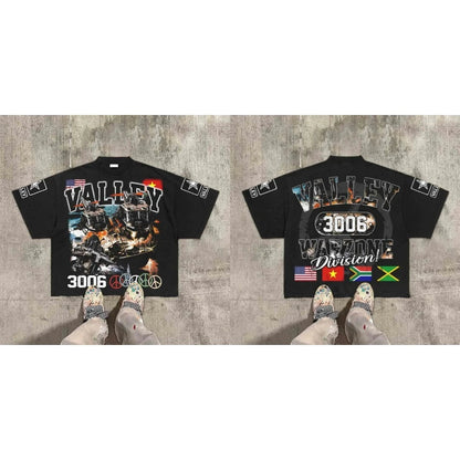 American Hip Hop Retro Theater Valley Division Harajuku Gothic War Print Summer New Retro Fashion Men and Women Streetwear