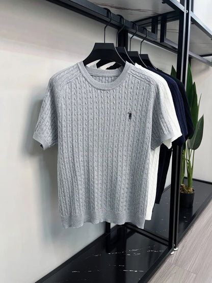 Advanced Ice Silk Knitted Short Sleeve Men Summer Trendy Luxury Brand Golf Pony Embroidery Casual Round Neck Breathable T-shirt