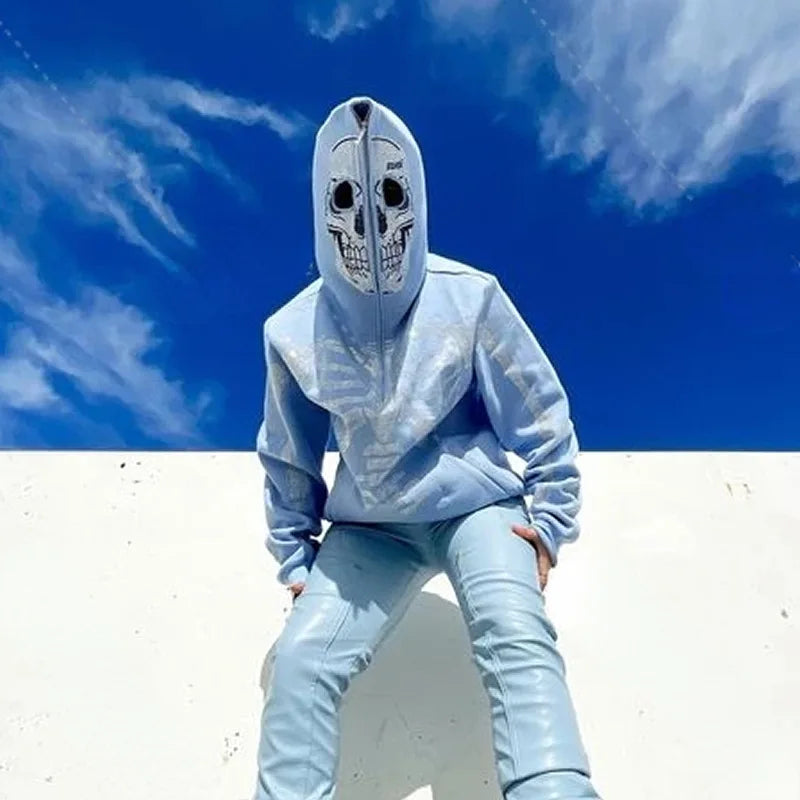 Skeleton Pattern Rhinestone Zipper Hoodies Men Women Hip Hop Street Hoodie Retro Punk Gothic Autumn Oversize Sweatshirt Jacket