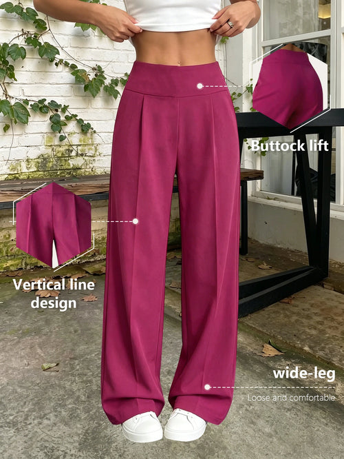 Women Loose Wide Leg Pants Straight Leg Minimalist Casual Rose Red Suit Commuter Long Pants Side Stripe Design Slimming Cargo Pa