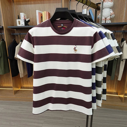Striped Round Neck Short Sleeved T-shirt for Men's Summer Casual Loose Breathable Top Embroidered Men's Base T-shirt