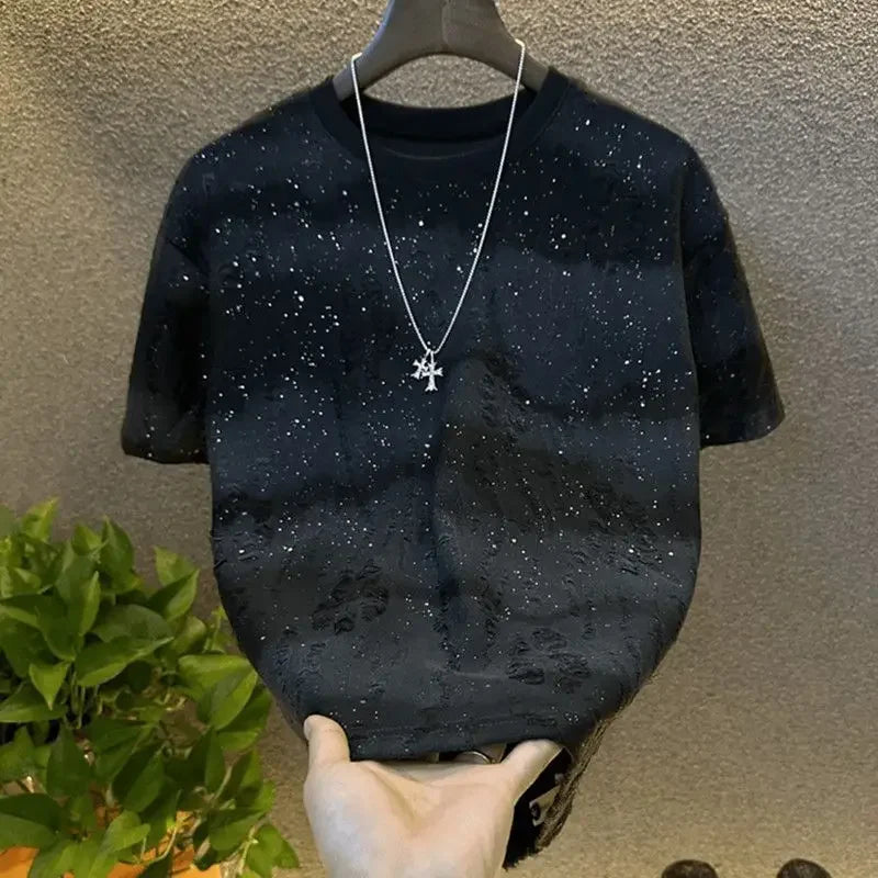 Men's Clothing Solid Color Summer Bestseller Luxury High-End Short Sleeve Trendy Korean Style Sequin Gradient Ripped Round Neck