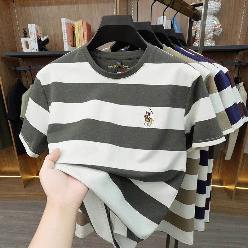 Striped Round Neck Short Sleeved T-shirt for Men's Summer Casual Loose Breathable Top Embroidered Men's Base T-shirt