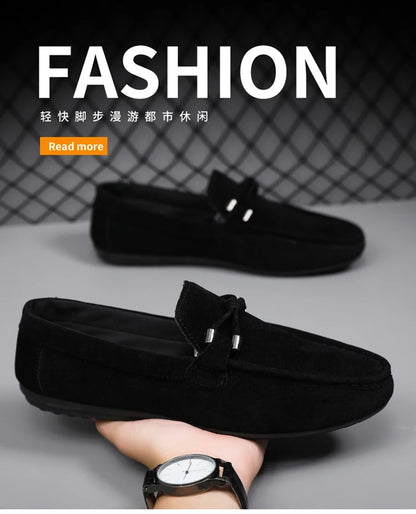 2026 Summer Casual Fashion Driving Loafers Suede Leather Minimalist Slip-Ons Comfortable Trendy Work Shoes Black & Khaki Two-Ton