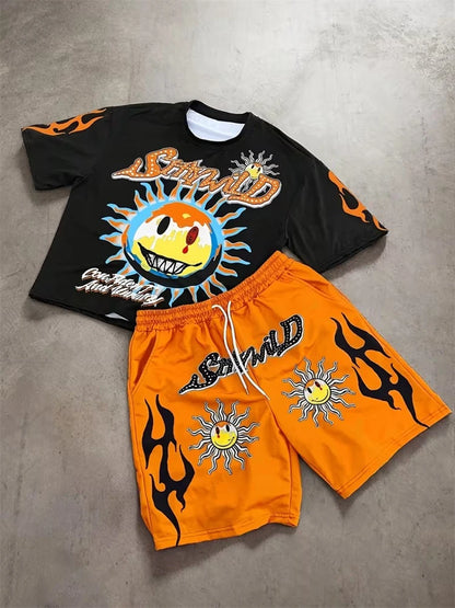 Spring And Summer American Trend 3D Printed Skull Men's Round-neck Top And Shorts, Hip-hop Style Trendy And Cool 2pcs Set