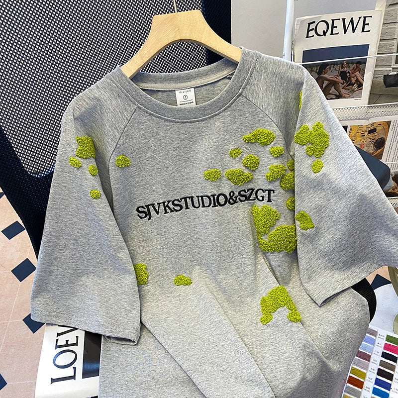 Short-sleeved T-shirts Women's Summer 2025 New Embroidered Flower Medium Long Loose All Match Niche Crew Neck Top
