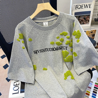 Short-sleeved T-shirts Women's Summer 2025 New Embroidered Flower Medium Long Loose All Match Niche Crew Neck Top