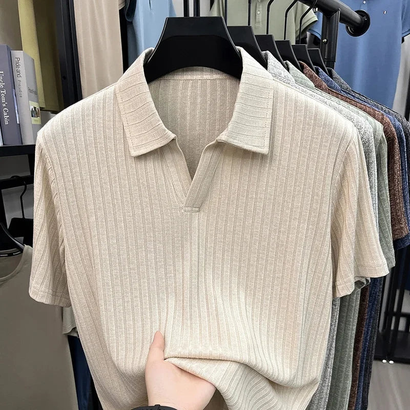 Men's Breathable Knitted Polo Tee Short Sleeve V Neck Striped Fabric Lightweight Casual Business Daily Wear