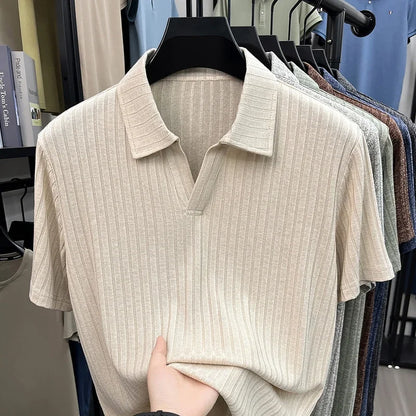 Men's Breathable Knitted Polo Tee Short Sleeve V Neck Striped Fabric Lightweight Casual Business Daily Wear