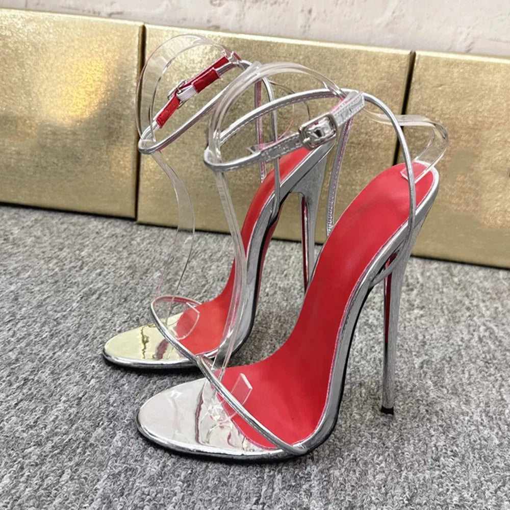 2026 NEW Chic Summer 14cm 16cm Ultra High Heels Buckle Sandal Woman Shiny Silver Ankle Strap PumpsStripper Show Unisex Shoes
